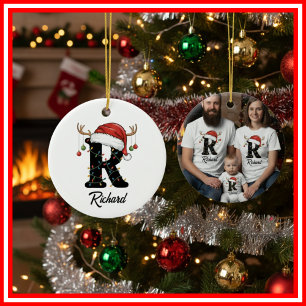 Familien-Weihnachts-Geweih-Santa-Hut FOTO Keramik Ornament