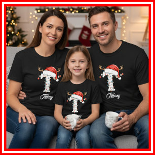 Familien-Weihnachts-Geweih-Santa-Hut mit Monogramm T-Shirt