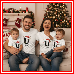 Familien-Weihnachts-Geweih-Santa-Hut mit Monogramm T-Shirt