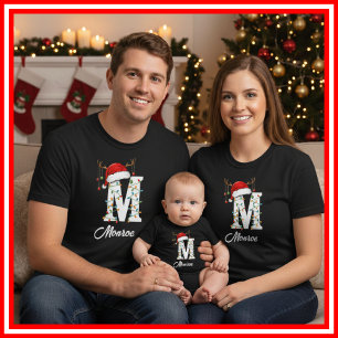 Familien-Weihnachts-Geweih-Santa-Hut mit Monogramm T-Shirt