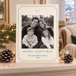 Familien-Weihnachtsfoto   Elfenbein & Gold Monogra Feiertagskarte