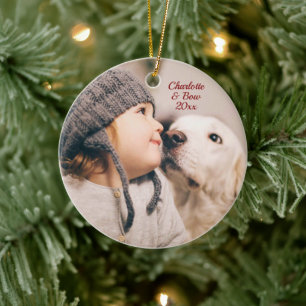 Familien-Weihnachtsfoto mit Haustier Keramik Ornament