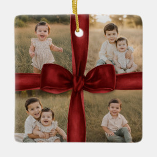 Familien-Weihnachtsfoto-Ornament mit roter Schleif Keramikornament