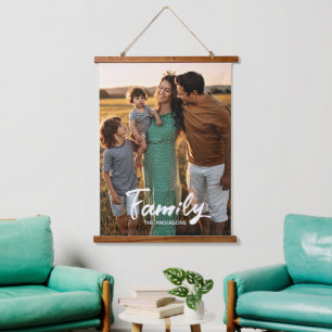 Familien-Weiß-Schrift-Foto-Overlay-Monogramm Wandteppich Mit Holzrahmen