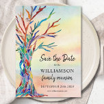 Familien-Wiedersehen-Save the Date Stammbaum Save The Date<br><div class="desc">Frag deiner Familie mit dieser einzigartigen Karte Save the Date für ihre Wiedersehen. Es hat einen bunten Stammbaum auf einem Aquarellboden. Einfach anpassbar mit Ihren Daten. Weil wir unsere Kunstwerke erstellen,  werden Sie dieses exakte Bild von anderen Designern nicht finden. Original Mosaik und Wasserfarbe © Michele Davies.</div>
