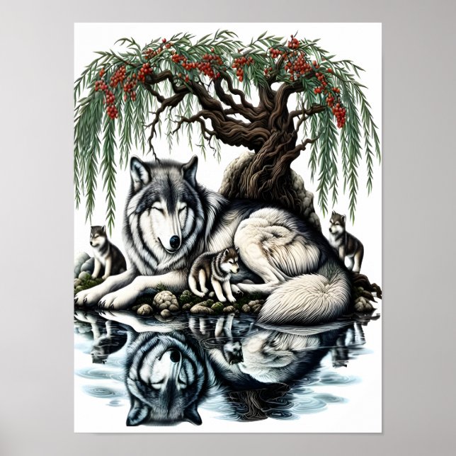Familienaase Serene Wolf in idyllischer Natur12x16 Poster (Vorne)
