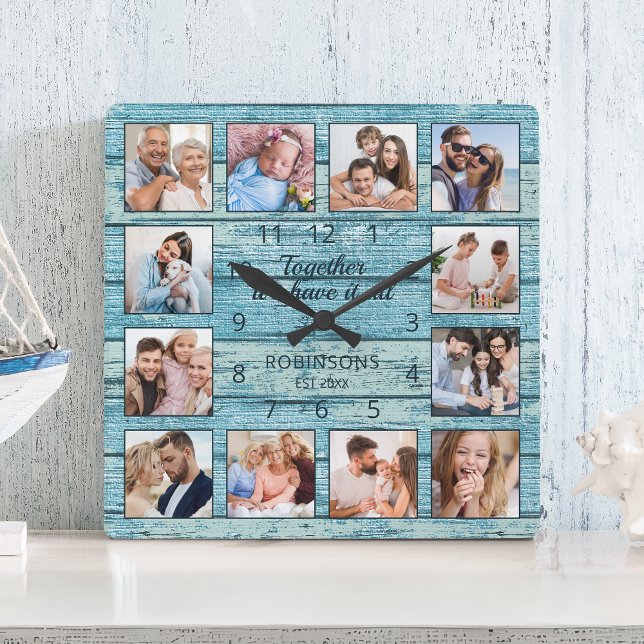 Familienangebot Foto Collage Rustic Blue Wood Quadratische Wanduhr (Von Creator hochgeladen)