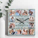 Familienangebot Foto Collage Rustic Blue Wood Quadratische Wanduhr<br><div class="desc">Kreieren Sie einfach Ihre eigene personalisierte, blaue, rustikale Trittholzplanken im Stil eines Seehauses mit Wanduhr mit Ihren individuellen Fotos. Das Design enthält auch ein schönes, handgeschriebenes Skriptziffer: "Gemeinsam haben wir alles". Um die besten Ergebnisse zu erzielen, schneiden Sie die Bilder vor dem Hochladen auf Quadrat - mit dem Fokuspunkt in...</div>