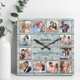 Familienangebot Foto Collage Rustic Blue Wood Quadratische Wanduhr