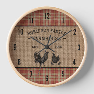 Familienbauernhaus Vintage Rot Kariert Jute Uhr
