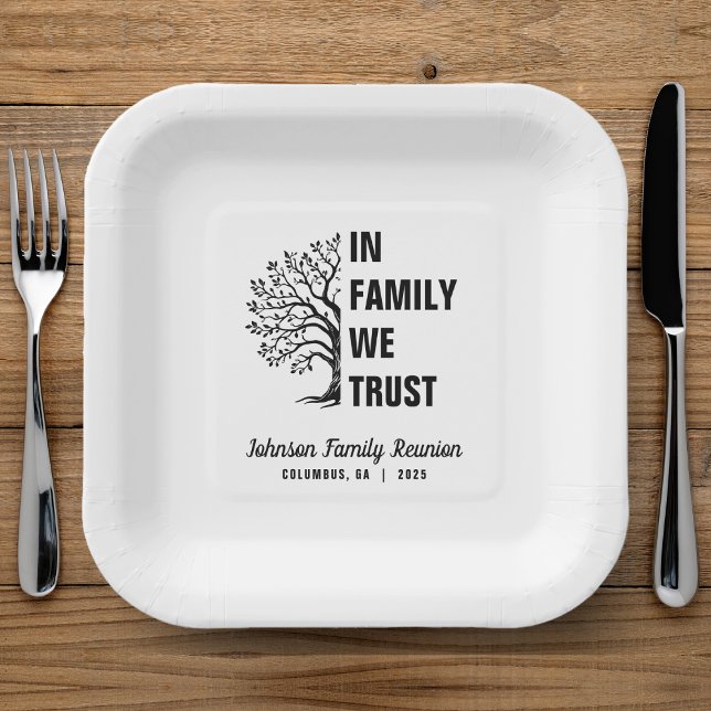 Familienbaum, auf den wir Wiedersehen vertrauen Pappteller (In Family We Trust Family Reunion Paper Plate)