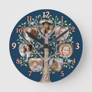 Familienbaum Foto Collage 7 Custom Pics Dunkelblau Runde Wanduhr