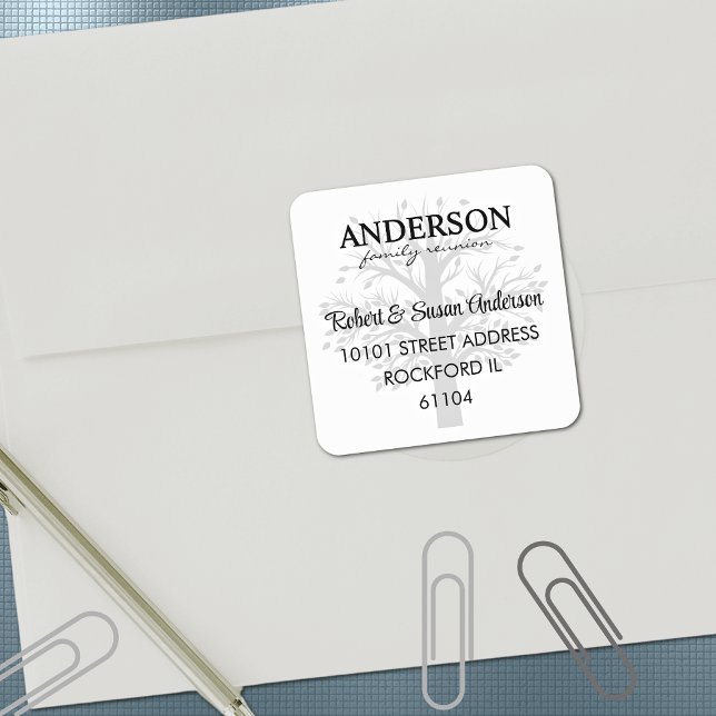 Familienbaum-Rücksendeadresse Familienzusammenkunf Quadratischer Aufkleber (Von Creator hochgeladen)