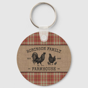 Familienbetrieb Vintag Red Kariert Burlap Round Schlüsselanhänger
