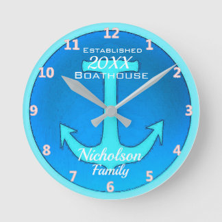 Familienboot Groß Personalisiert in Blau Runde Wanduhr