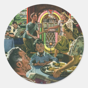 Familienessen im Retro-Look in einem Diner mit ein Runder Aufkleber