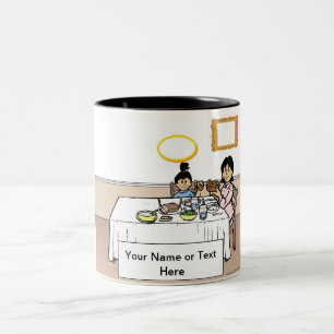 Familienessen, Single Mama, 1 Girl-Cartoon Zweifarbige Tasse