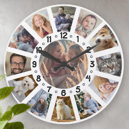 Familienfoto Collage 13 Bilder mit Zahlen leicht Große Wanduhr