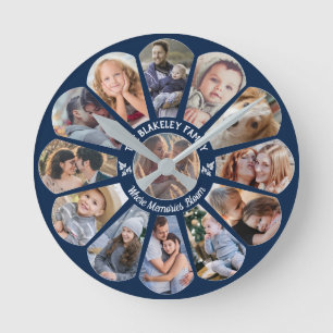 Familienfoto Collage 13 Custom Blume Shape Blue Runde Wanduhr