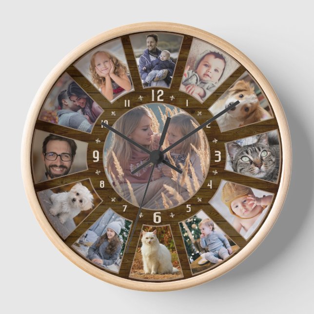 Familienfoto Collage 13 Custom Easy Farmhouse Holz Uhr (Vorderseite)