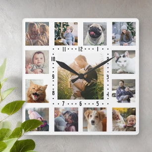 Familienfoto Collage 13 Instagram Pictures   weiß Quadratische Wanduhr