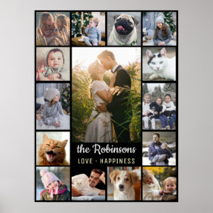 Familienfoto Collage 15 Bilder + Name Schwarz Easy Poster