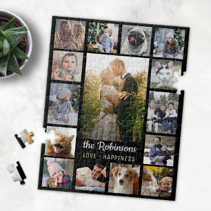 Familienfoto Collage 15 Bilder + Name Schwarz Easy Puzzle