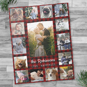 Familienfoto Collage 15 + Name Red Buffalo Kariert Fleecedecke