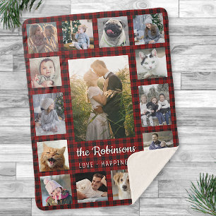Familienfoto Collage 15 + Name Red Buffalo Kariert Sherpadecke