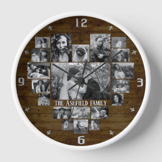 Familienfoto Collage 20 B&W Herzbilder + Name Holz Uhr