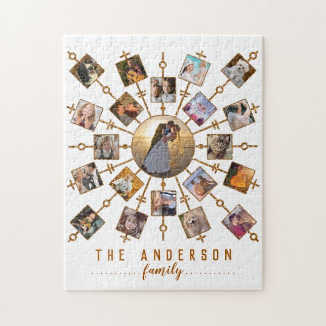 Familienfoto Collage 21 Bilder Weißes Gold + Name Puzzle (Vertikal)