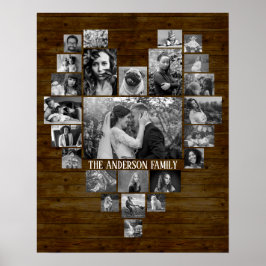 Familienfoto Collage 25 B&W Herzbilder + Name Holz Poster