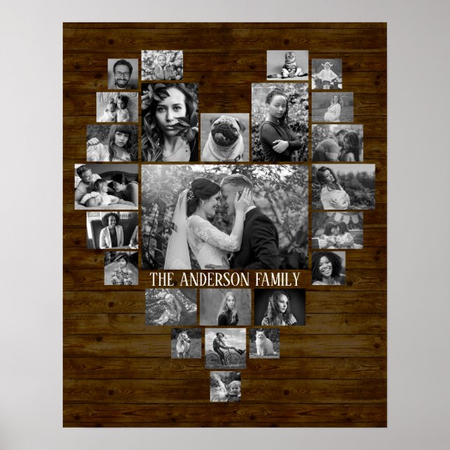 Familienfoto Collage 25 B&W Herzbilder + Name Holz Poster (Vorne)