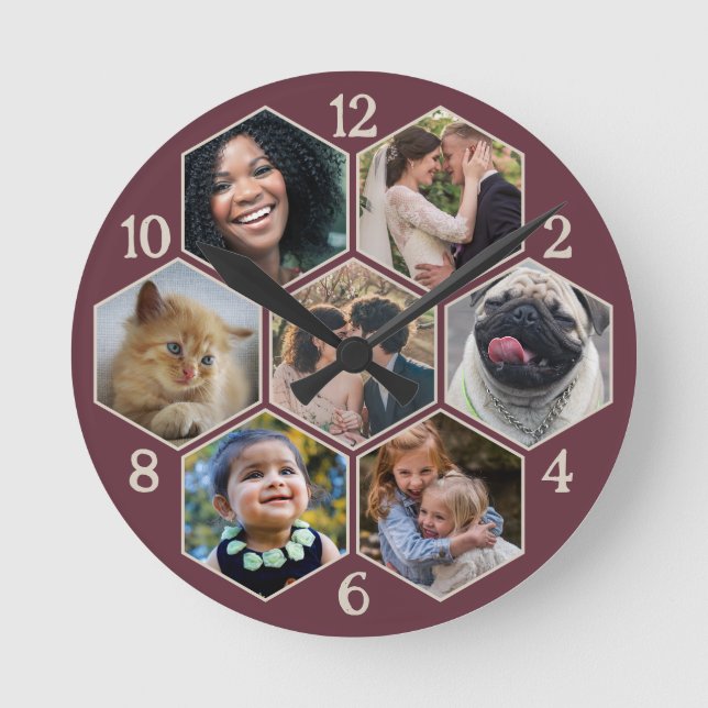 Familienfoto Collage 7 Custom Burgundy Red Hexagon Runde Wanduhr (Vorderseite)
