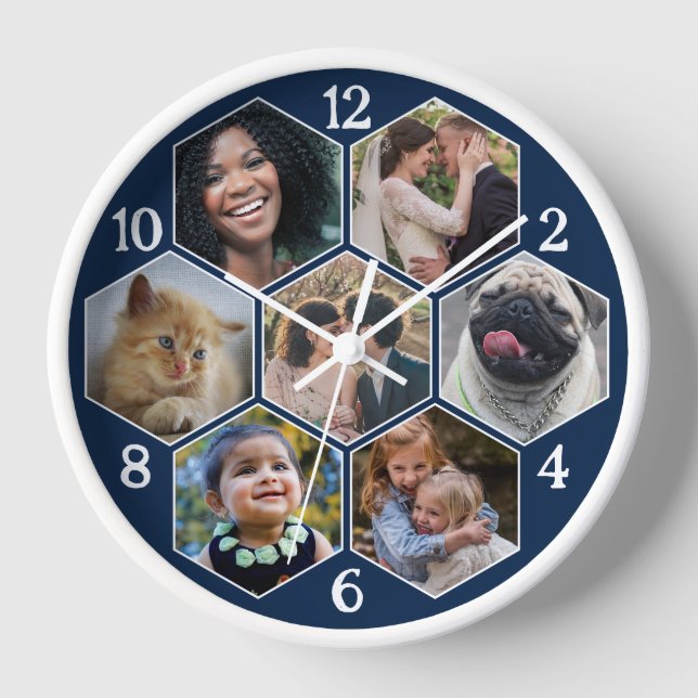 Familienfoto Collage 7 Custom Navy Hexagon Blume Uhr (Vorderseite)