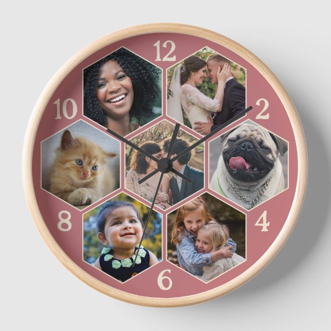 Familienfoto Collage 7 Custom Pink Hexagon Blume Uhr (Vorderseite)