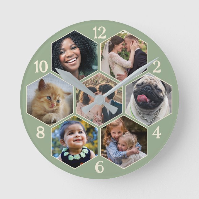 Familienfoto Collage 7 Custom Sage Hexagon Blume Runde Wanduhr (Vorderseite)