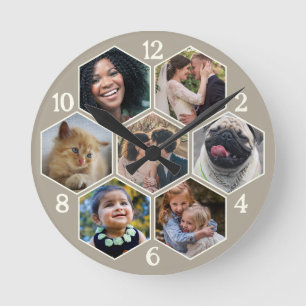 Familienfoto Collage 7 Custom Taupe Hexagon Blume Runde Wanduhr