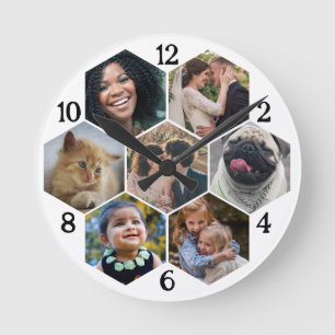 Familienfoto Collage 7 Custom White Hexagon Blume Runde Wanduhr