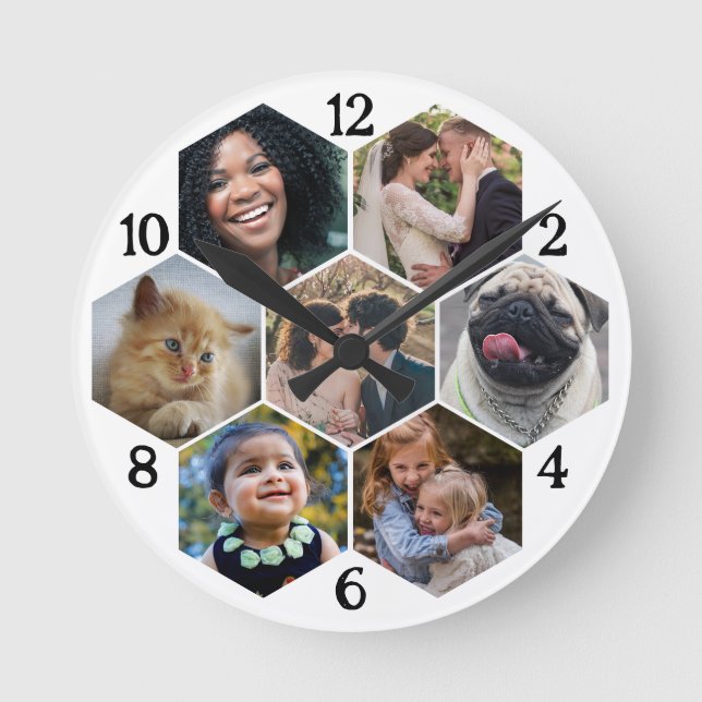 Familienfoto Collage 7 Custom White Hexagon Blume Runde Wanduhr (Vorderseite)