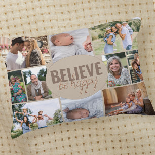 Familienfoto-Collage Believe Be Happy Zitat Beige Dekokissen