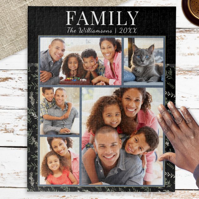 Familienfoto Collage Black Botanicals Puzzle (A stylish jigsaw puzzle with custom photos and personalized text, black background and leaf pattern)