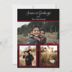 Familienfoto Collage Black Burgundy White Script Feiertagskarte
