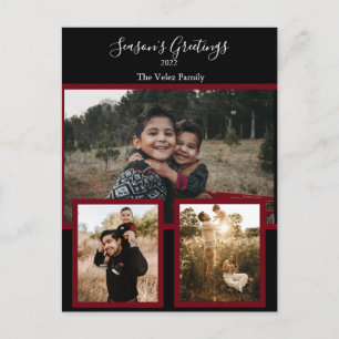 Familienfoto Collage Black Burgundy White Script Feiertagspostkarte