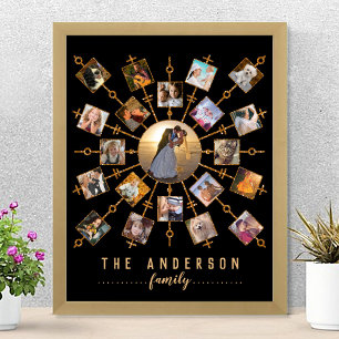 Familienfoto Collage Black Gold + Name 21 Bilder Poster