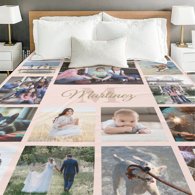 Familienfoto Collage Blush Pink & Gold Mit Monogra Fleecedecke (Von Creator hochgeladen)