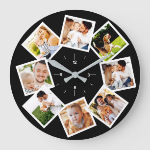 Familienfoto Collage Chic Schwarz und Weiß Große Wanduhr