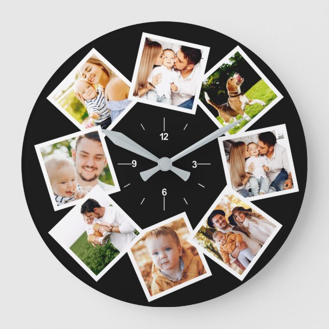 Familienfoto Collage Chic Schwarz und Weiß Große Wanduhr (Vorderseite)