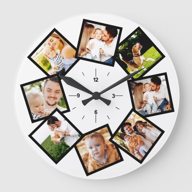 Familienfoto Collage Chic Schwarz und Weiß Große Wanduhr (Vorderseite)