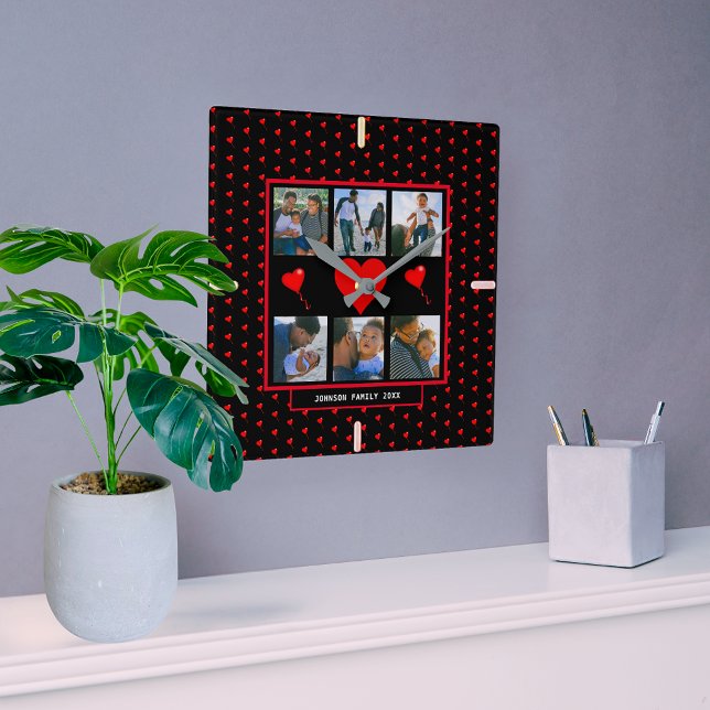 Familienfoto Collage Familie Herz Schwarzer Hinter Quadratische Wanduhr (Family Photo Collage Family Heart Black Background Square Wall )
